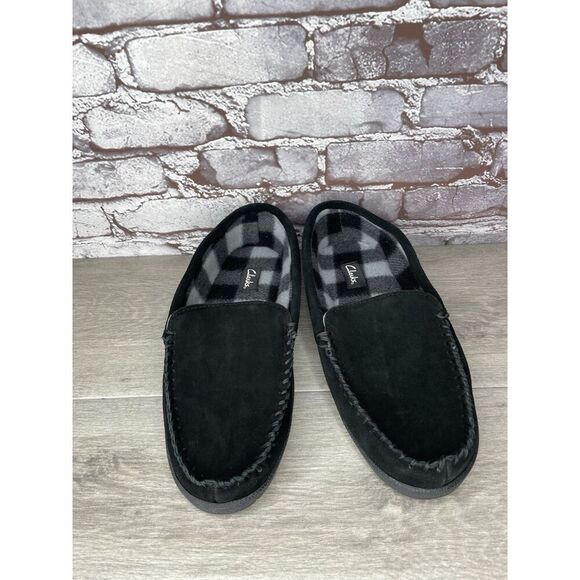 Clarks Venetian Black Suede Fur Lined Slip On Loafer Moccasin Slippers Men’s 10M - Picture 10 of 16
